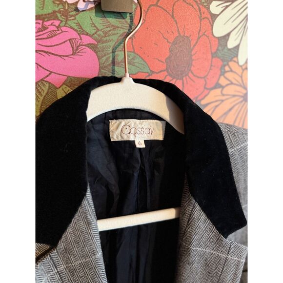 Vintage 1980s Cassidy Blazer Jacket Wool Herringbone Plaid Velvet Collar Size 6 - Picture 4 of 4